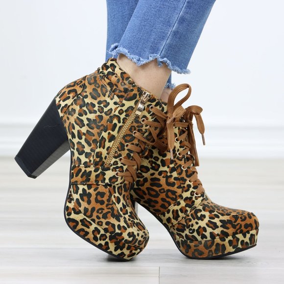 Shoes - Leopard Platform Ankle Boots  High Heel Leopard Faux Suede Lace-Up Block